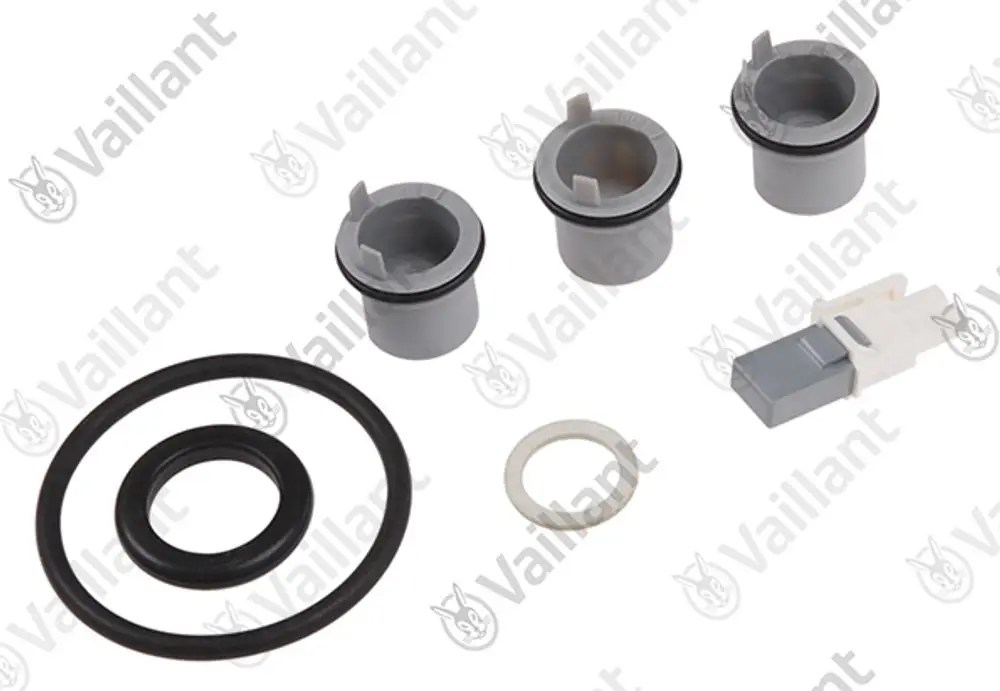 Vaillant Zubehörset mit zwei grauen Düsen, einem grauen Kodierstecker, einer Dichtung, einer Unterlegscheibe und zwei O-Ringen für verschiedene Anwendungen.